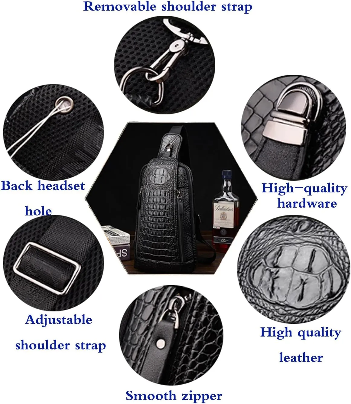 Mens Sling Bags Crocodile PU Shoulder Crossbody Chest Bag Satchels Hiking Daypack Brown
