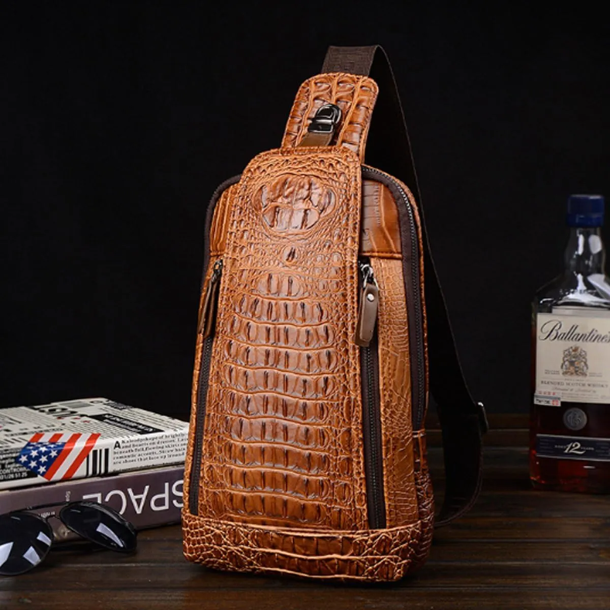 Mens Sling Bags Crocodile PU Shoulder Crossbody Chest Bag Satchels Hiking Daypack Brown