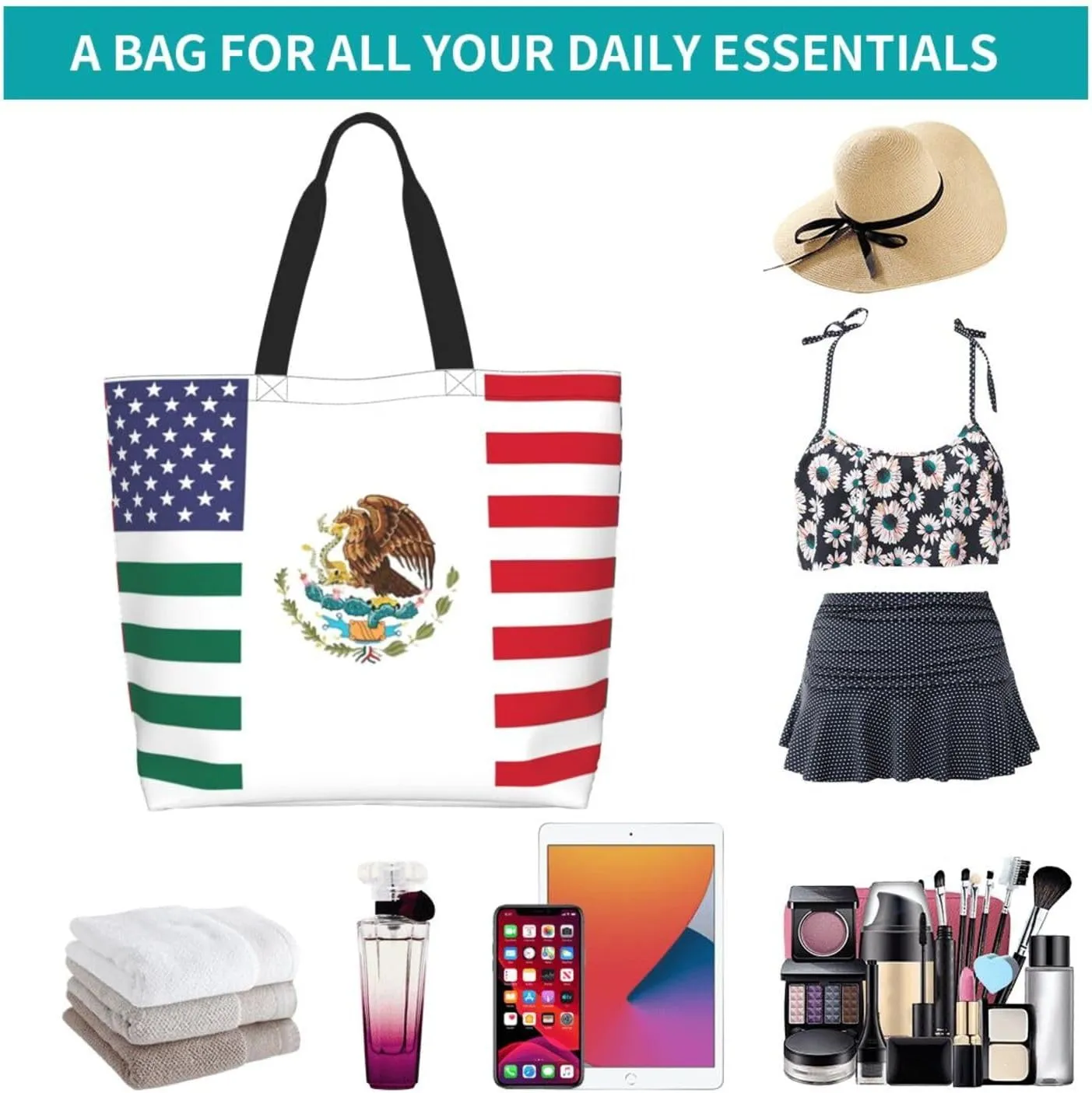 Mexico Flag Canvas Tote Bag Mexico Shoulder Bag Mexican Casual Grocery Bags Flag Bags for Mexico Outdoor