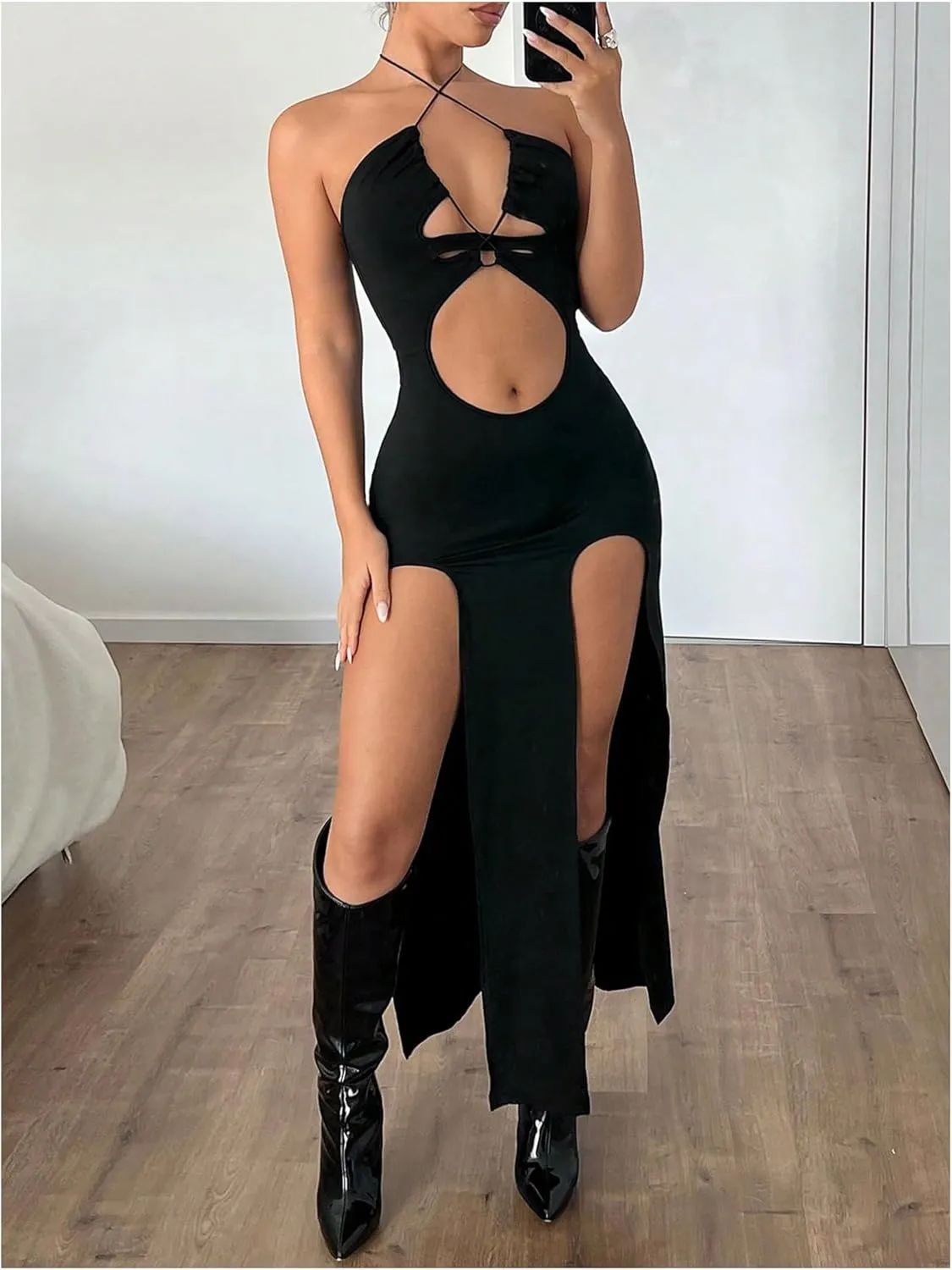 Milumia Women's Hollow Out Halter Neck High Slit Bodycon Dress Festival Rave