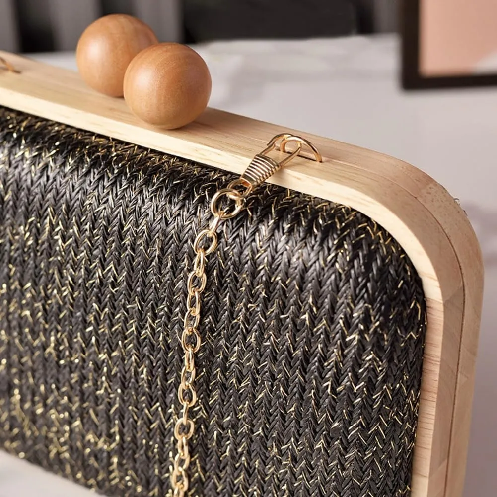 Molodo Straw Clutch for Women Small Wooden Purses Handbag Crossbody Shoulder Bag for Beach Summer Travel