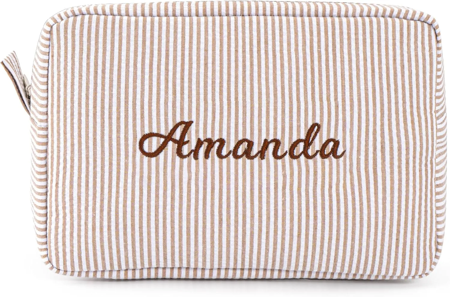 MT WORLD Cosmetic Bag Personalized Makeup Bag for Women Girls Seersucker Preppy Bridesmaid Makeup Bag Cute Aesthetic Toiletry Bag Girls Handbags Purses (Brown)