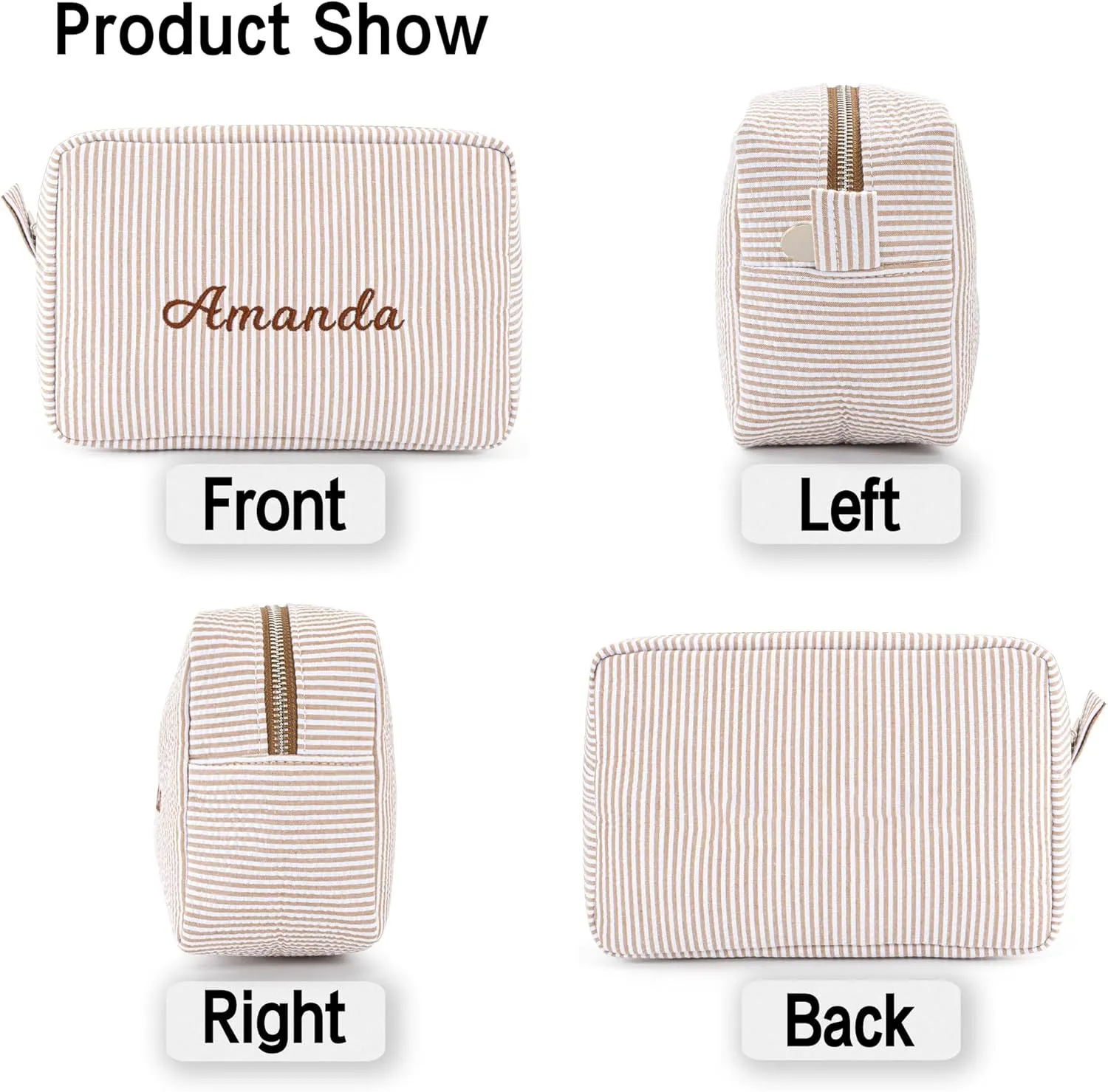 MT WORLD Cosmetic Bag Personalized Makeup Bag for Women Girls Seersucker Preppy Bridesmaid Makeup Bag Cute Aesthetic Toiletry Bag Girls Handbags Purses (Brown)