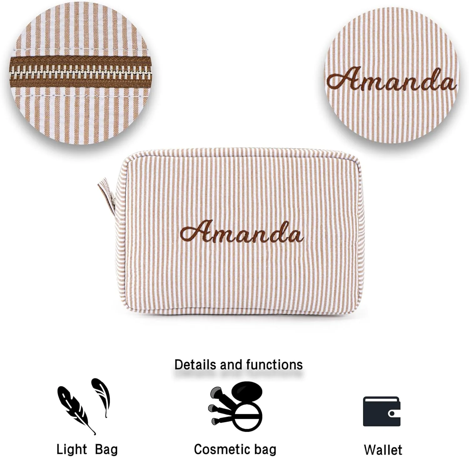 MT WORLD Cosmetic Bag Personalized Makeup Bag for Women Girls Seersucker Preppy Bridesmaid Makeup Bag Cute Aesthetic Toiletry Bag Girls Handbags Purses (Brown)