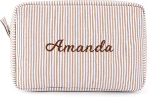 MT WORLD Cosmetic Bag Personalized Makeup Bag for Women Girls Seersucker Preppy Bridesmaid Makeup Bag Cute Aesthetic Toiletry Bag Girls Handbags Purses (Brown)
