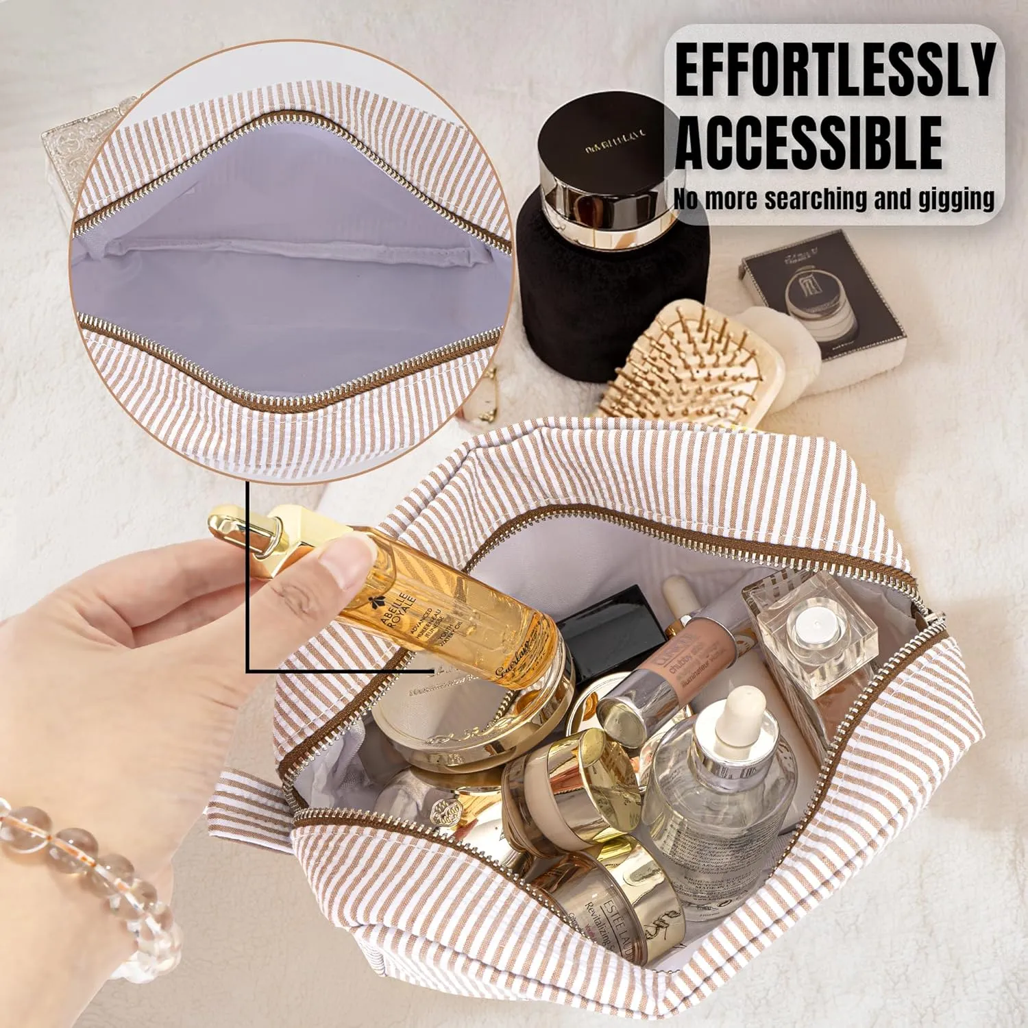 MT WORLD Cosmetic Bag Personalized Makeup Bag for Women Girls Seersucker Preppy Bridesmaid Makeup Bag Cute Aesthetic Toiletry Bag Girls Handbags Purses (Brown)