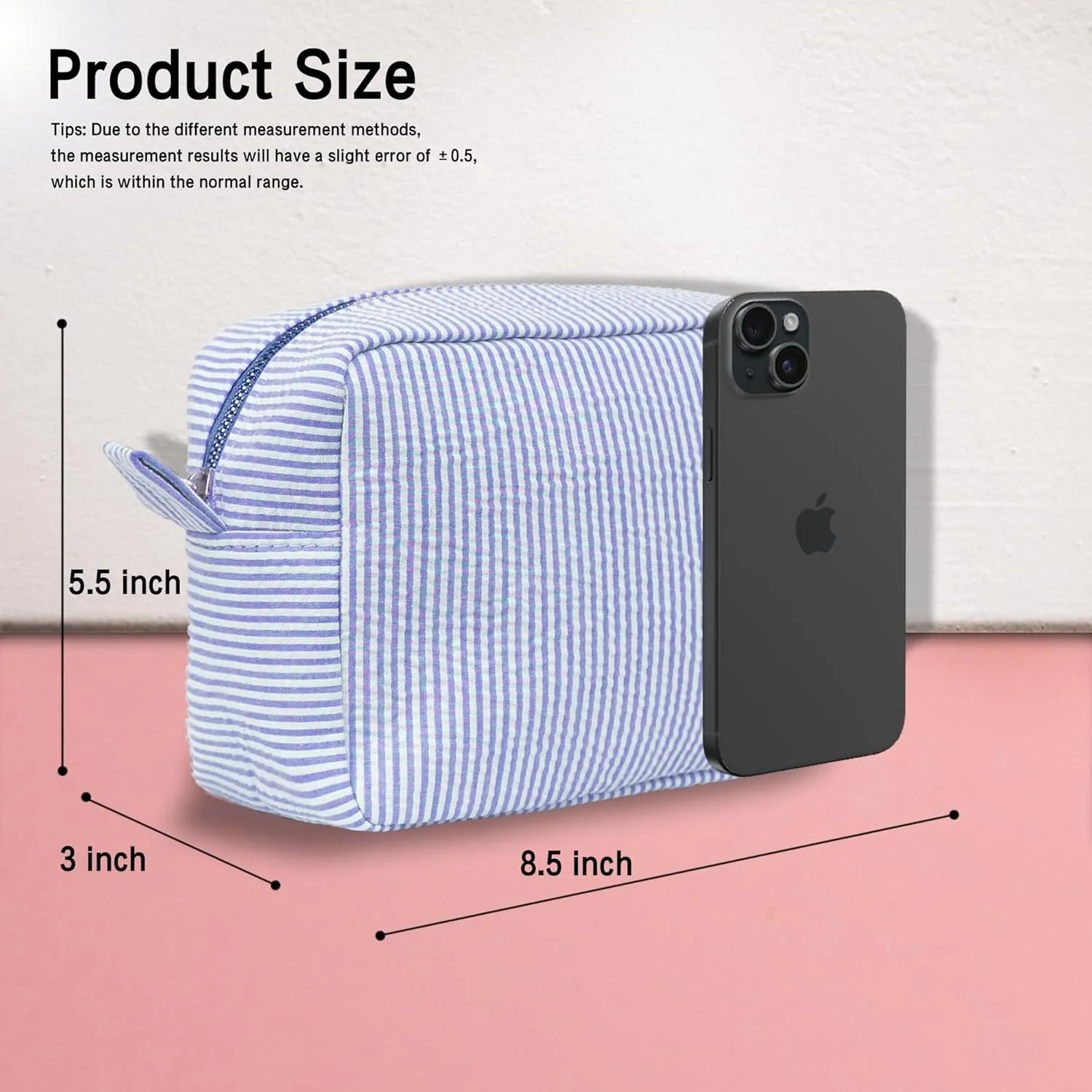 MT WORLD Cosmetic Bag Personalized Makeup Bag Seersucker Preppy Bridesmaid Makeup Bag Aesthetic Cute Women Toiletry Bag Girls Handbags Purses (Blue)