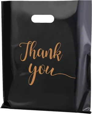 MUKOSEL 100Pcs Thank You Merchandise Bags, Extra Thick 2.36 Mil 12x15 In Retail Plastic Shopping Bags for Small Business Stores Boutique Clothes, Reusable Gift Bags Plastic Bags with Handle (Blacke)