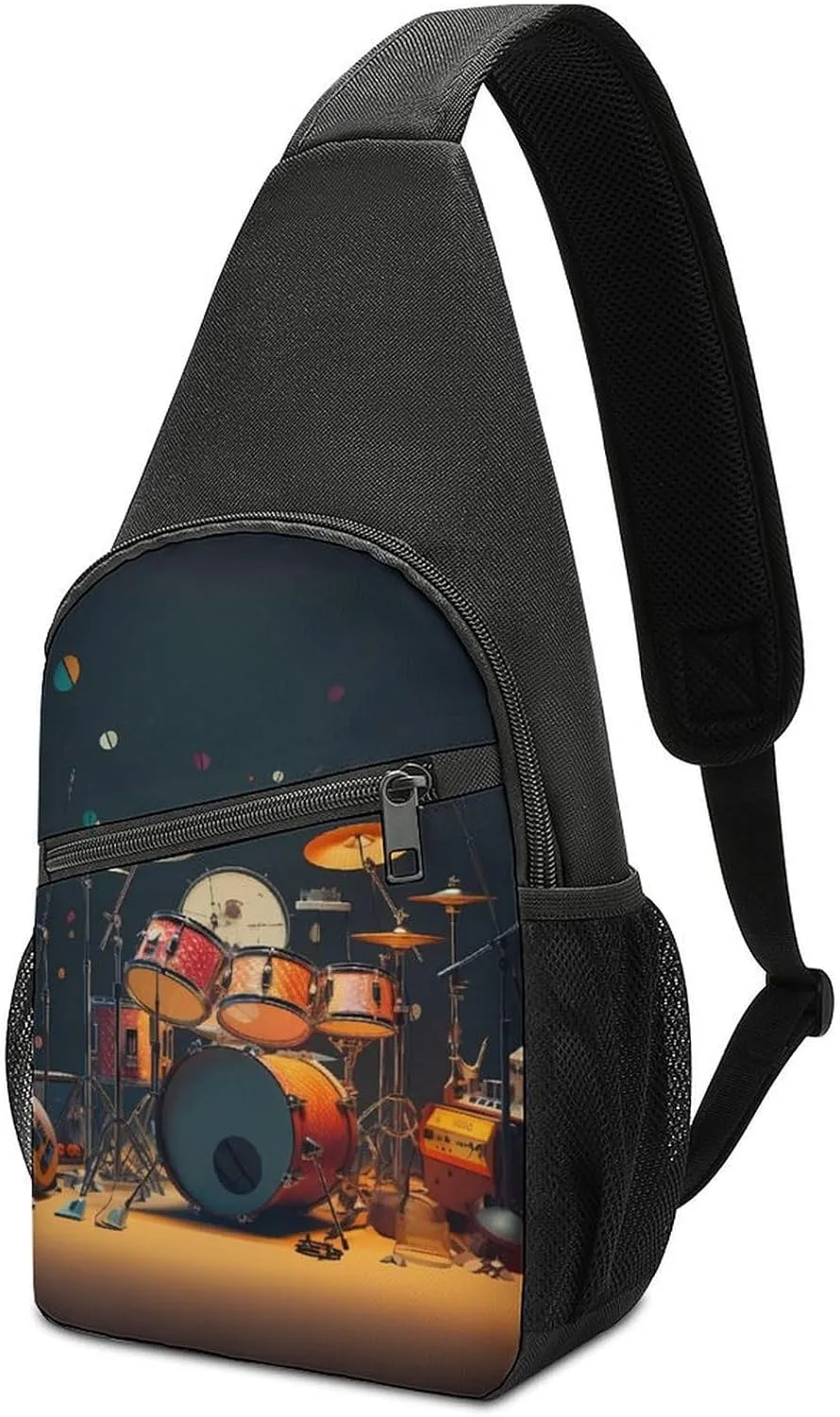 Music Drum Guitar Small Sling Bag Crossbody Bags Casual Chest Bag Daypack for Travel Sports Hiking