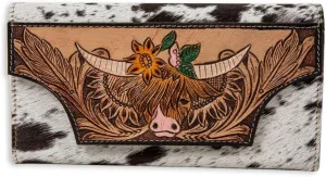 Myra Bag Cowhide Purse - Bloomin’ Steer Hand-tooled Wallet, Western Highland Cow Design Leather Wallets for Women, Card Holder, Coin Pocket, Cow Hide Purse, Western Gifts