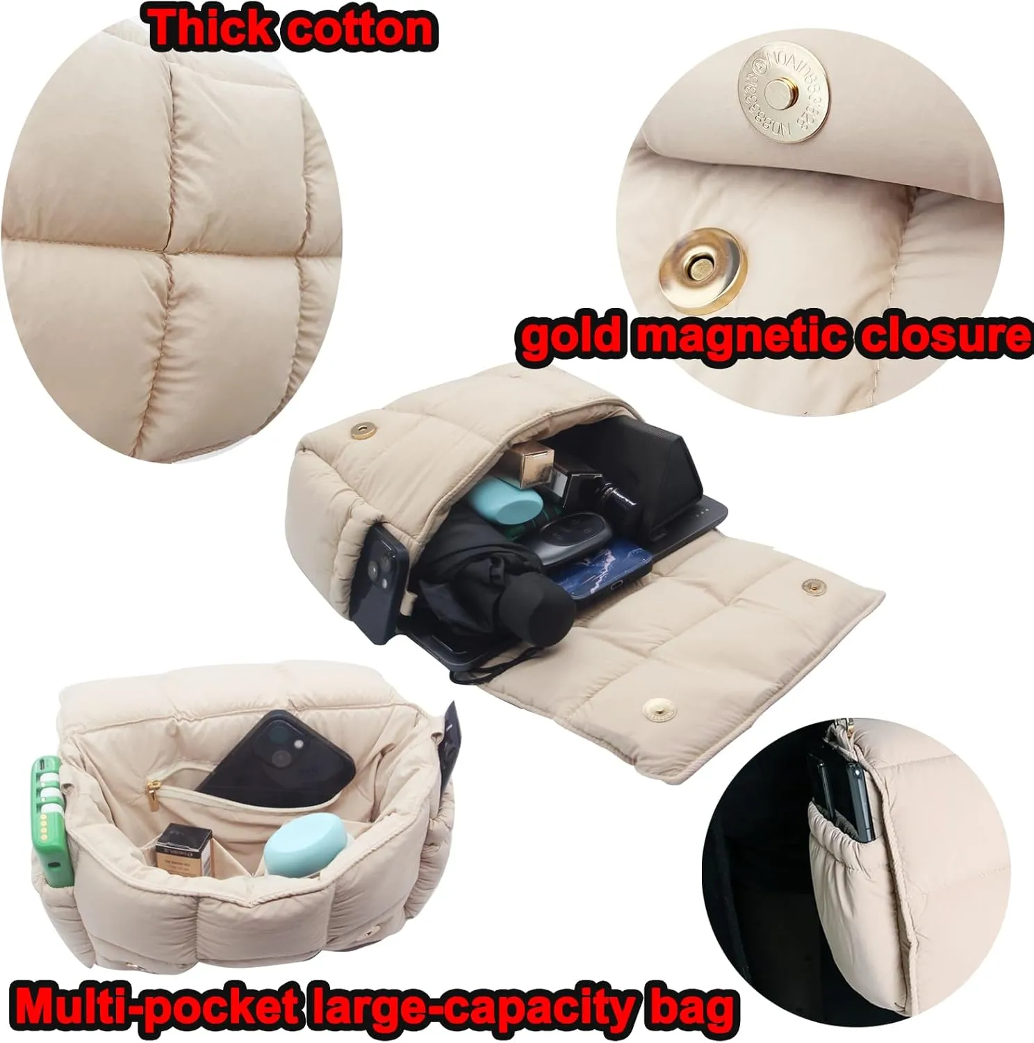 NAARIIAN Crossbody Bag for Women Quilted Puffer Purse Fashion Lightweight Travel Handbags Cute Small Shoulder Bag