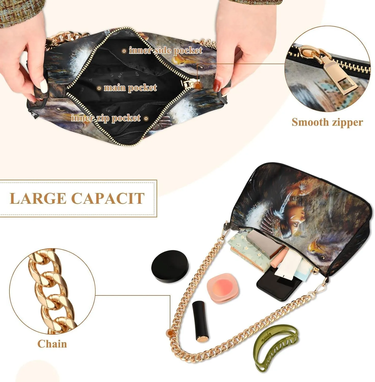 Native American Women Hawk Shoulder Bags for Women Small Handbags Mini Clutch Purse