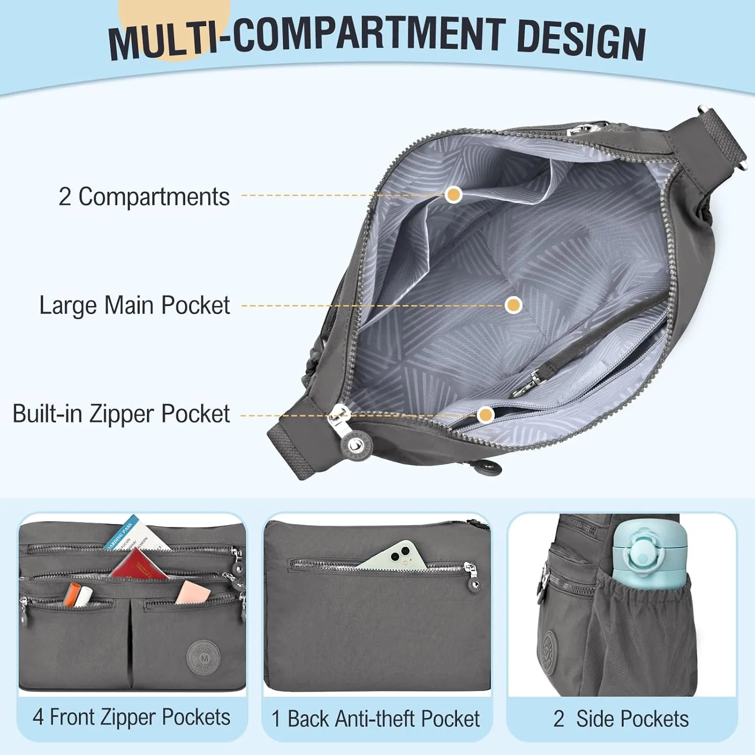 Nylon Crossbody Bags for Women Waterproof Lightweight Large Travel Purses Multi-Pocket Pocketbooks Shoulder Bag