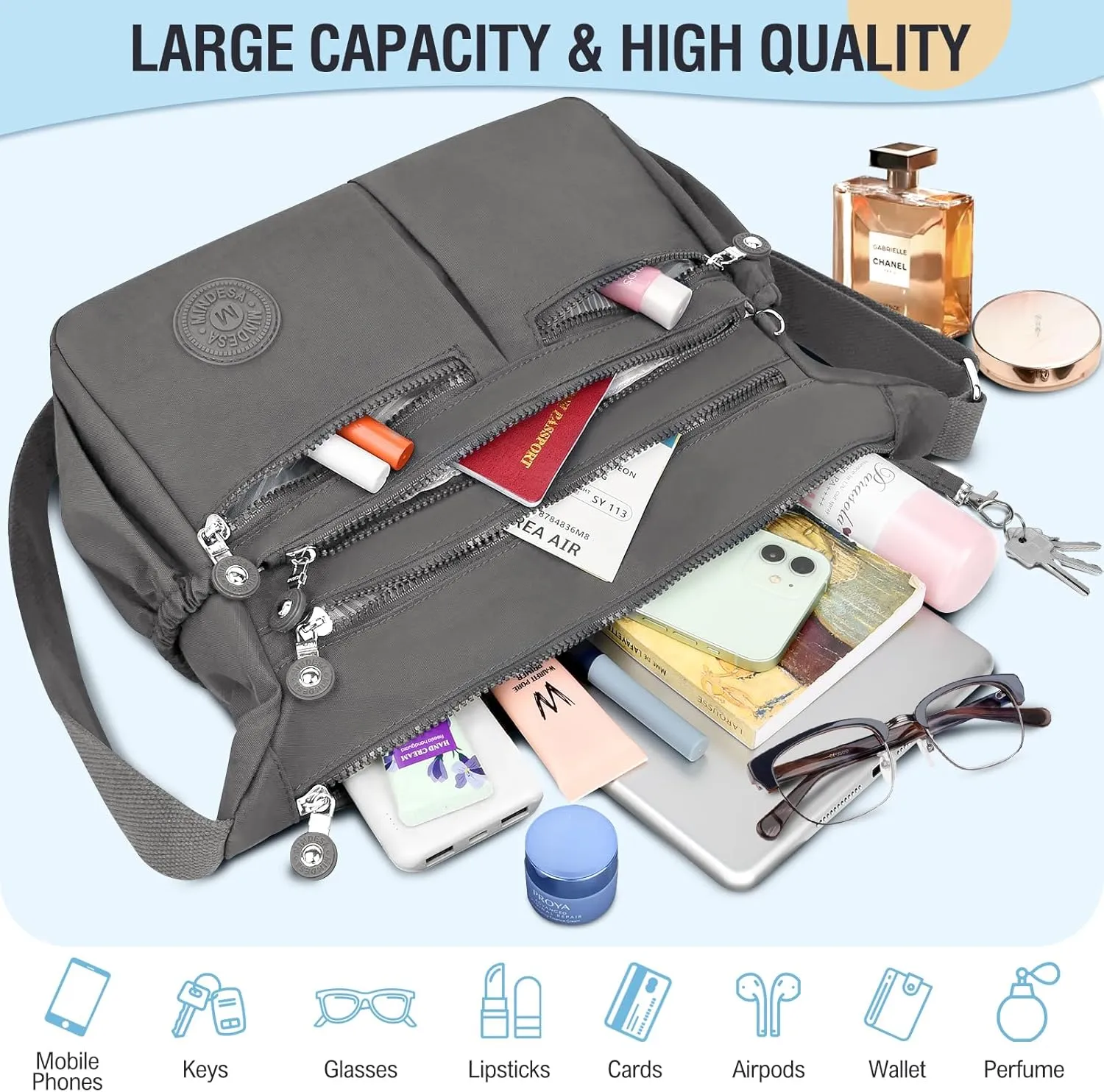 Nylon Crossbody Bags for Women Waterproof Lightweight Large Travel Purses Multi-Pocket Pocketbooks Shoulder Bag