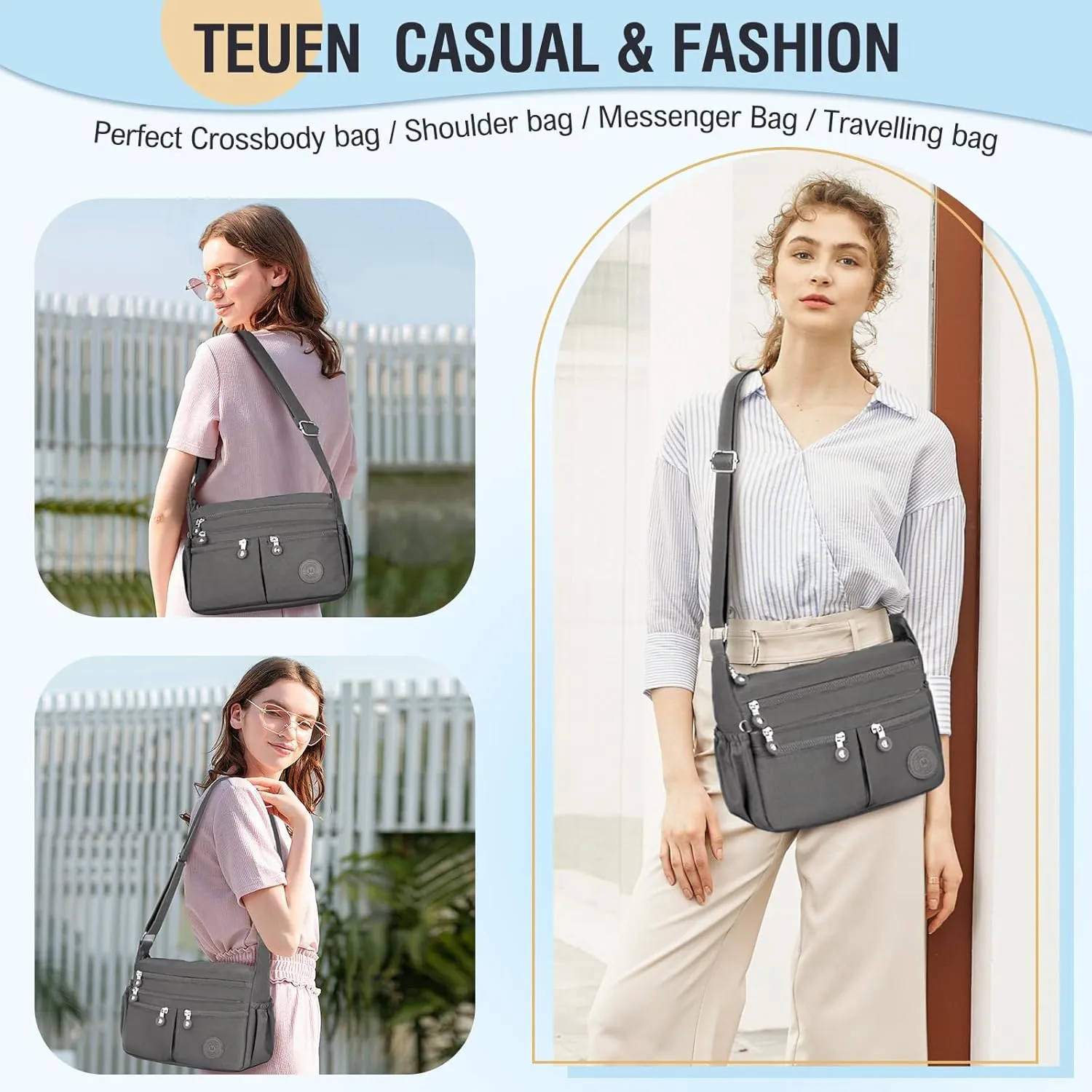 Nylon Crossbody Bags for Women Waterproof Lightweight Large Travel Purses Multi-Pocket Pocketbooks Shoulder Bag
