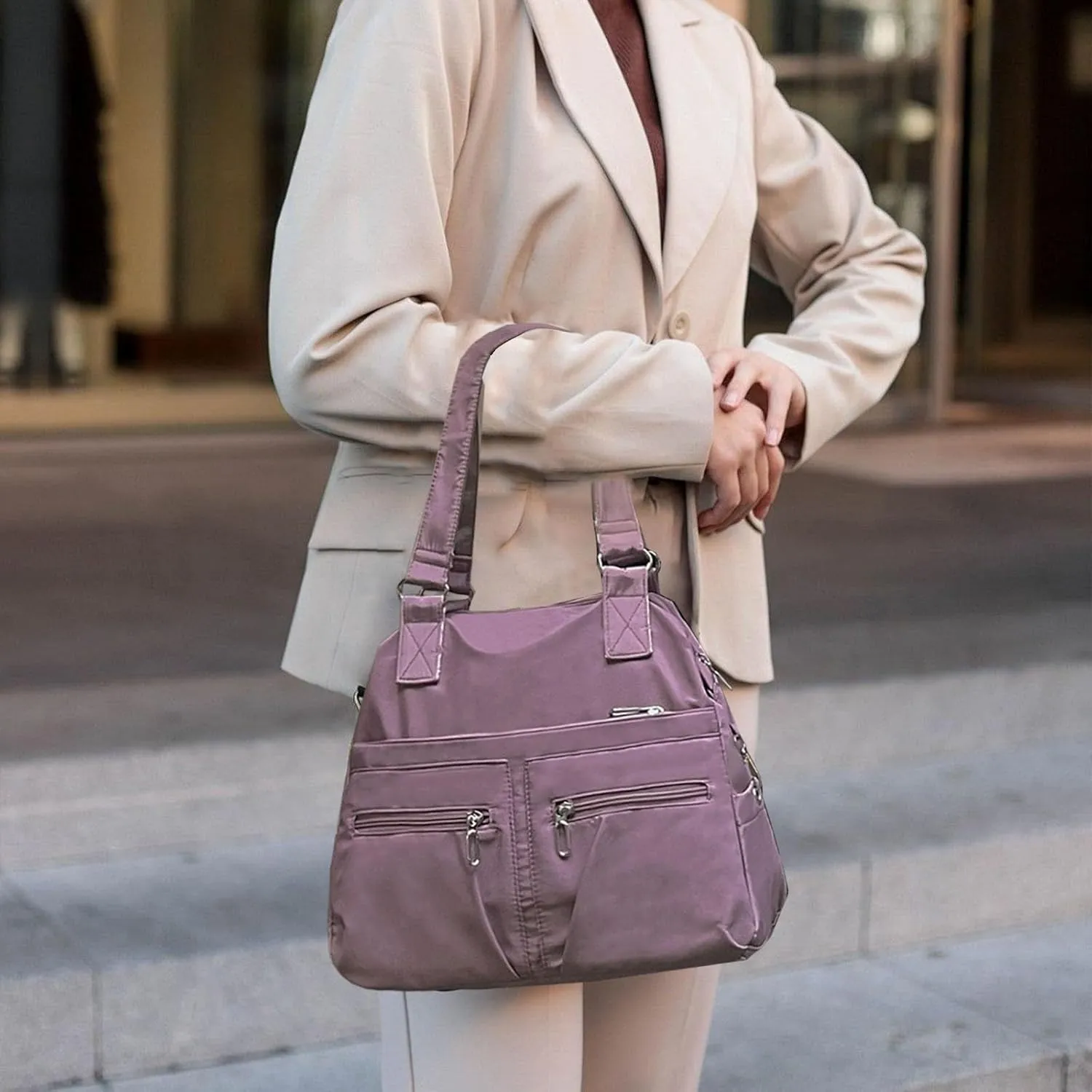 Nylon Tote Bag for Women Shoulder Tote Bag with Zipper Waterproof Nylon Purse and Handbags Lightweight Hobo Bag