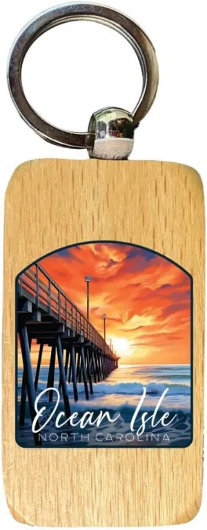 Ocean Isle North Carolina Sunset Pier Design Parent row Souvenir 2.5x1-Inch Souvenir Wooden Keychain