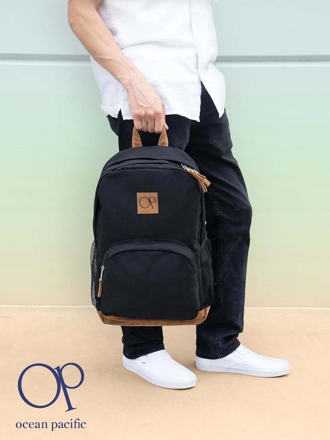 Ocean Pacific La Playa Canvas Backpack for Travel, Sports, Beach, Work, Casual Daypack for Men Women Fits 15.6 Inch Laptop (Black)