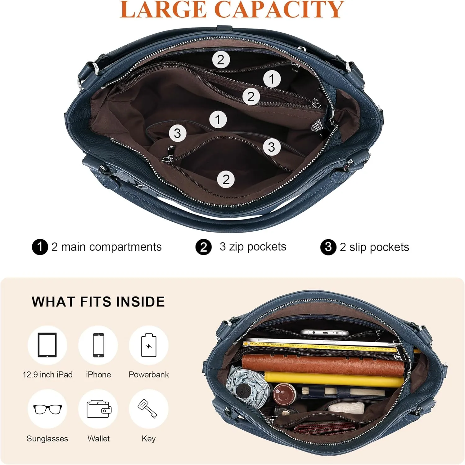 Over Earth Genuine Leather Purses for Women Casual Hobo Shoulder Handbags Large Crossbody Bags
