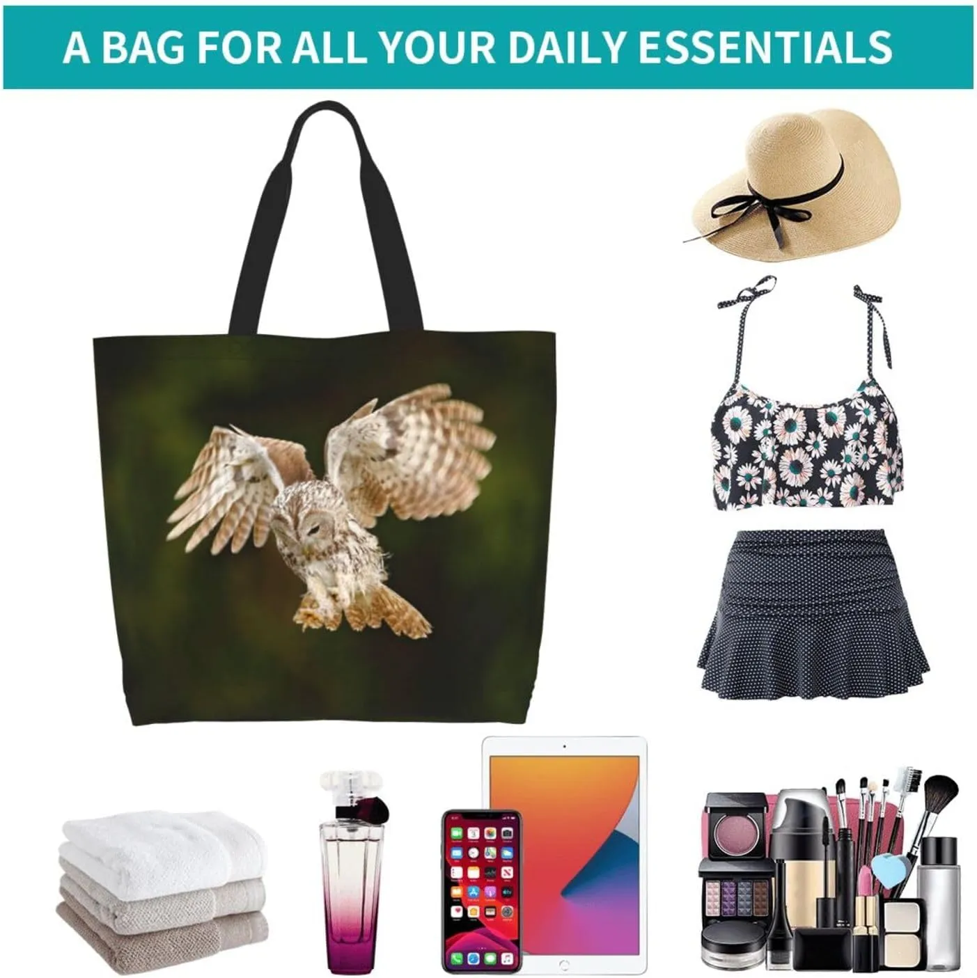 Owl Canvas Tote Bag Animal Shoulder Bag Handbag Cute Casual Grocery Bags Funny Bag for Outdoor