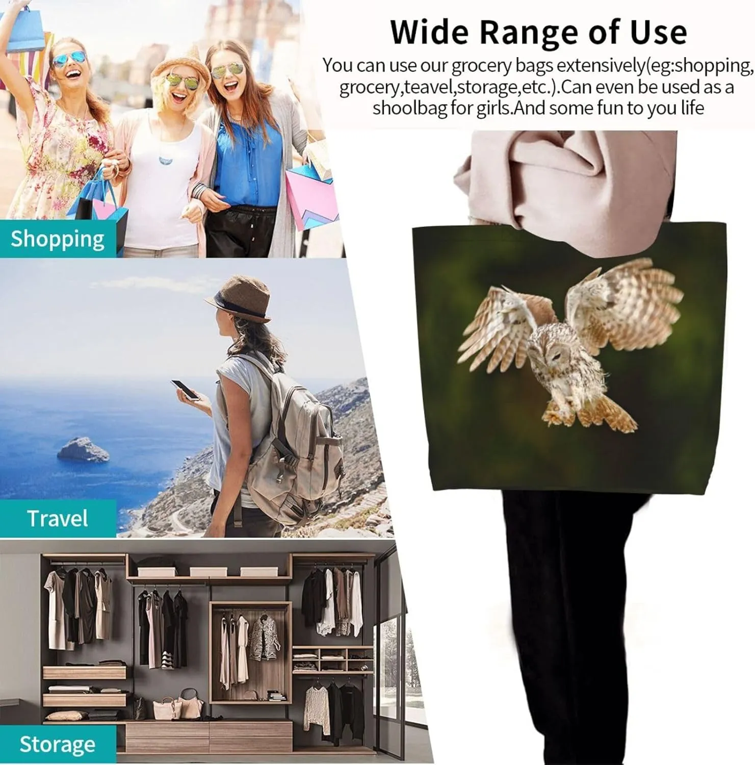 Owl Canvas Tote Bag Animal Shoulder Bag Handbag Cute Casual Grocery Bags Funny Bag for Outdoor