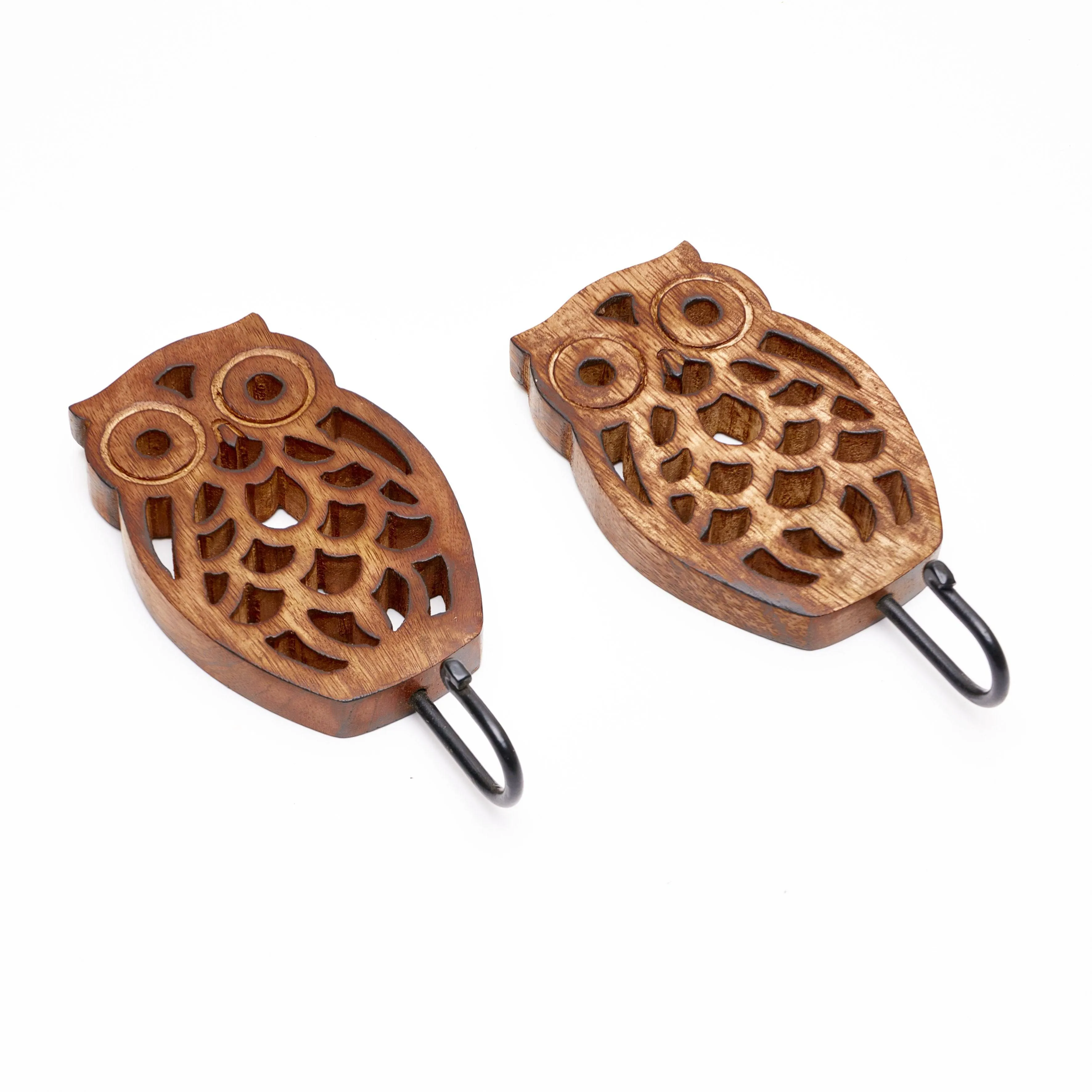 Owl Wall Hanger, Hand Carved Decorative Cutwork Wood Coat Hook