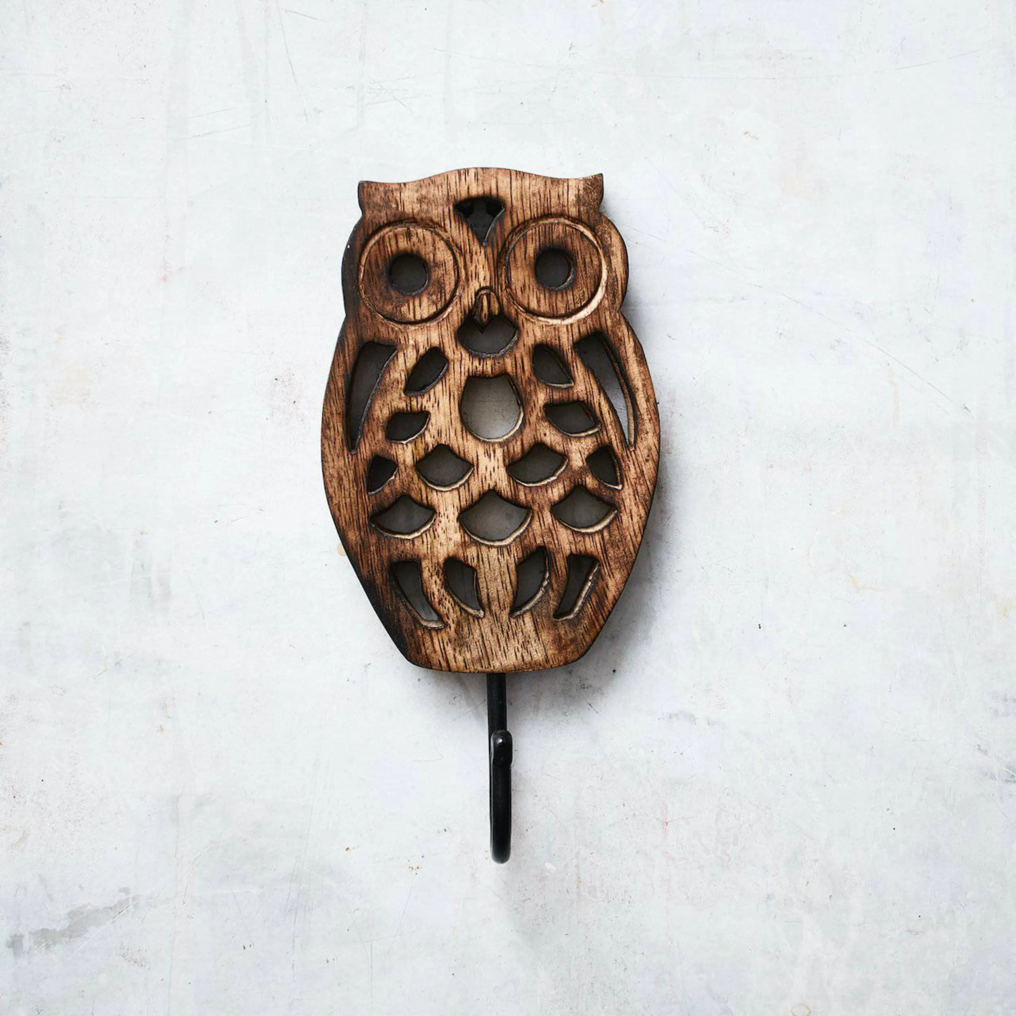 Owl Wall Hanger, Hand Carved Decorative Cutwork Wood Coat Hook