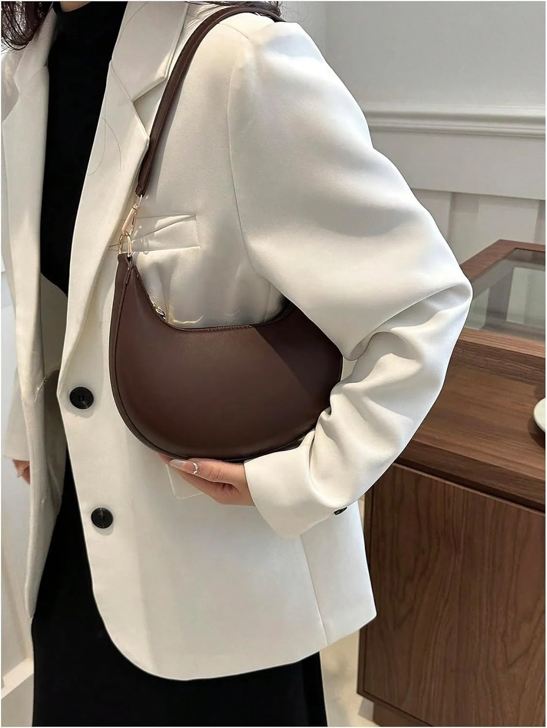 OYOANGLE Women's Zipper Top Handle Crescent Shoulder Bag Hobo Tote Handbags Vintage Mini Clutch Purses