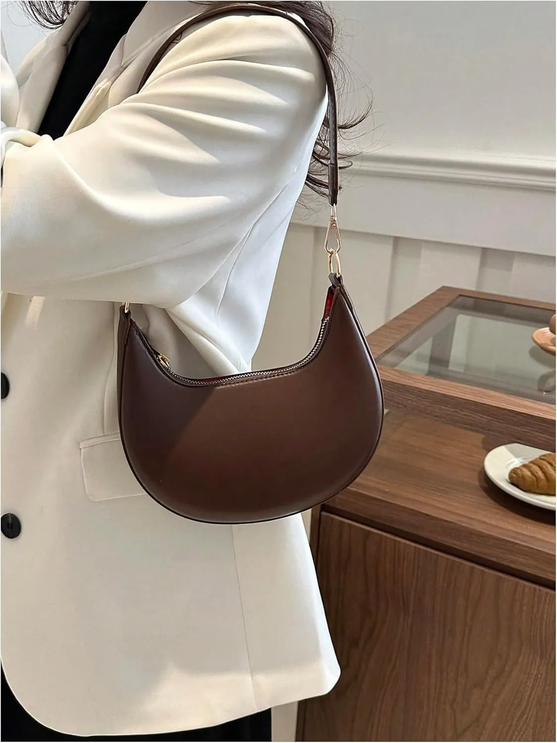 OYOANGLE Women's Zipper Top Handle Crescent Shoulder Bag Hobo Tote Handbags Vintage Mini Clutch Purses