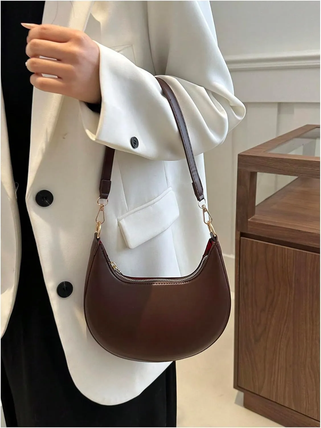OYOANGLE Women's Zipper Top Handle Crescent Shoulder Bag Hobo Tote Handbags Vintage Mini Clutch Purses