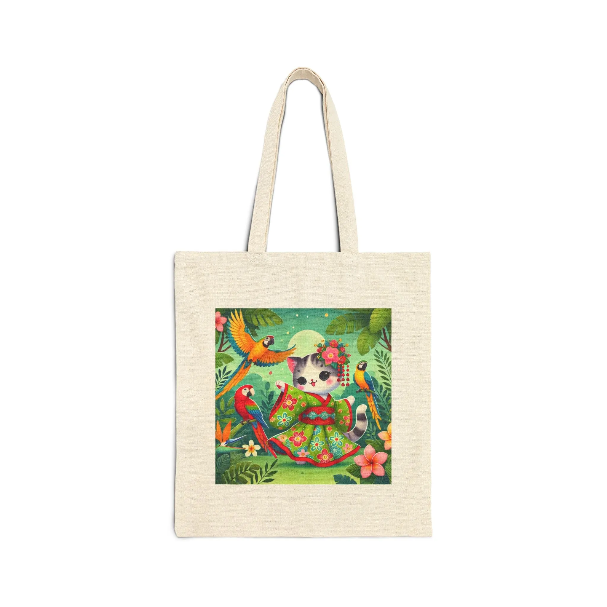 Parrot Dance of the Geisha Kitten Cotton Canvas Tote Bag