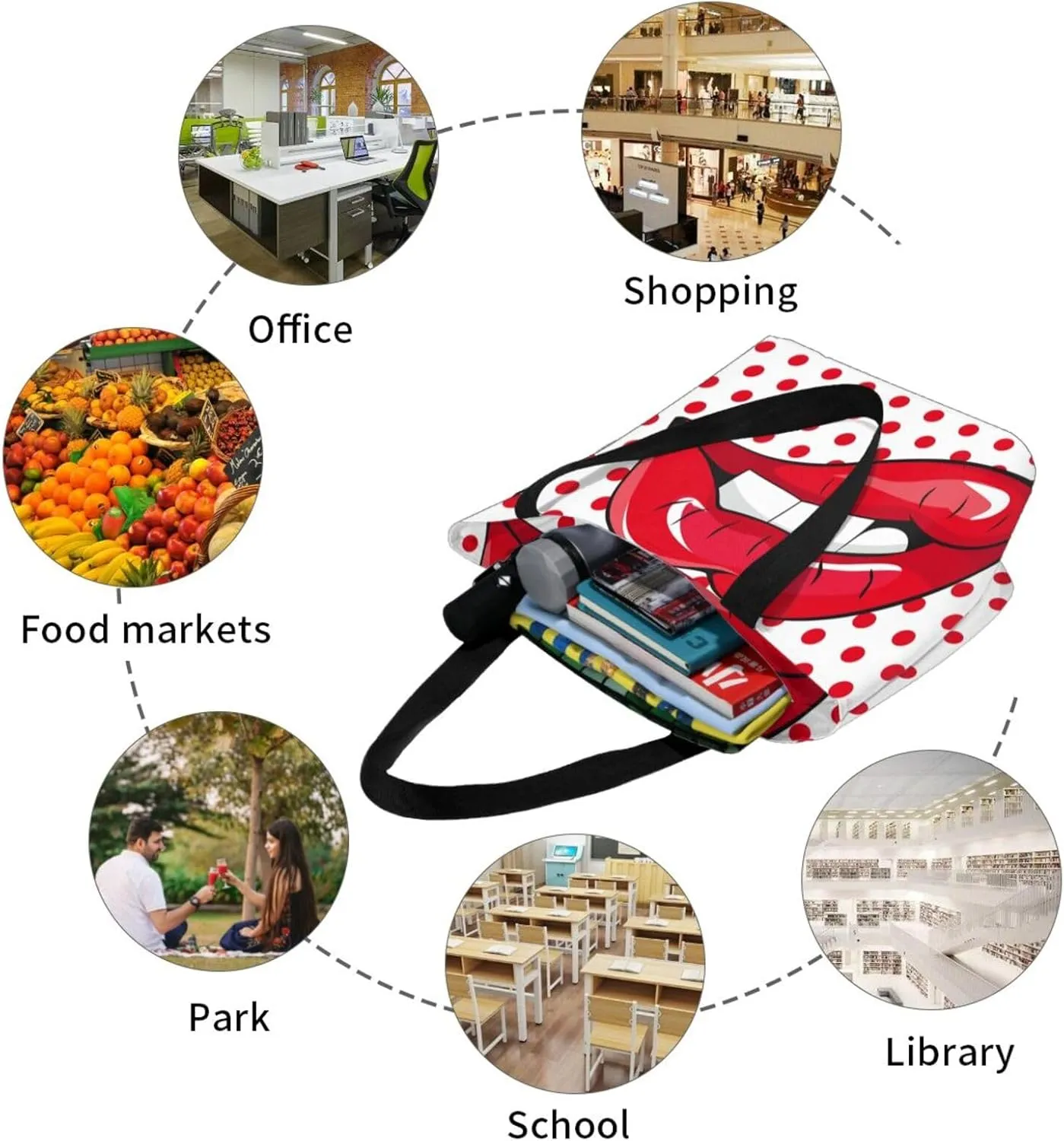 Percussion Black Drum Tote Bag For Women Lightweight Shoulder Bags Shopping Handbags With Zipper