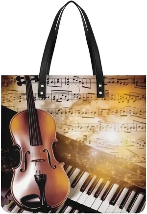 Piano Violin Music Notes Leather Women Tote Bag Soft Handbags Fashion Shoulder Purses Large Capacity Satchel Clutch Handbag for Travel Work