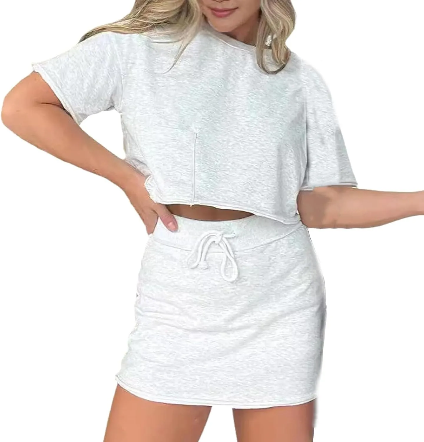 Pink Cropped Tee Skort Set, Summer Crewneck Short Sleeve T-Shirt and Skirt, Sweat Skirt Sets 2 Piece for Women