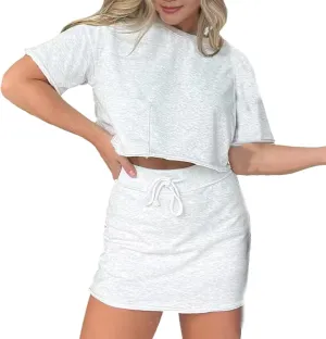 Pink Cropped Tee Skort Set, Summer Crewneck Short Sleeve T-Shirt and Skirt, Sweat Skirt Sets 2 Piece for Women