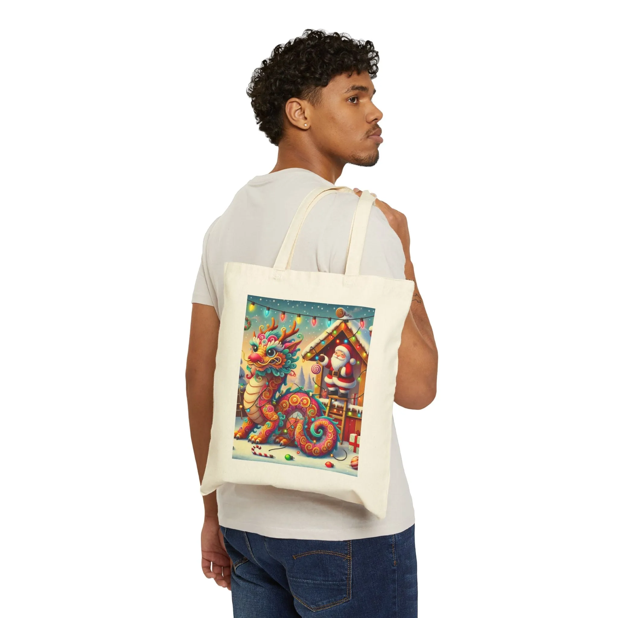 Playful Dragon's Christmas Cotton Canvas Tote Bag