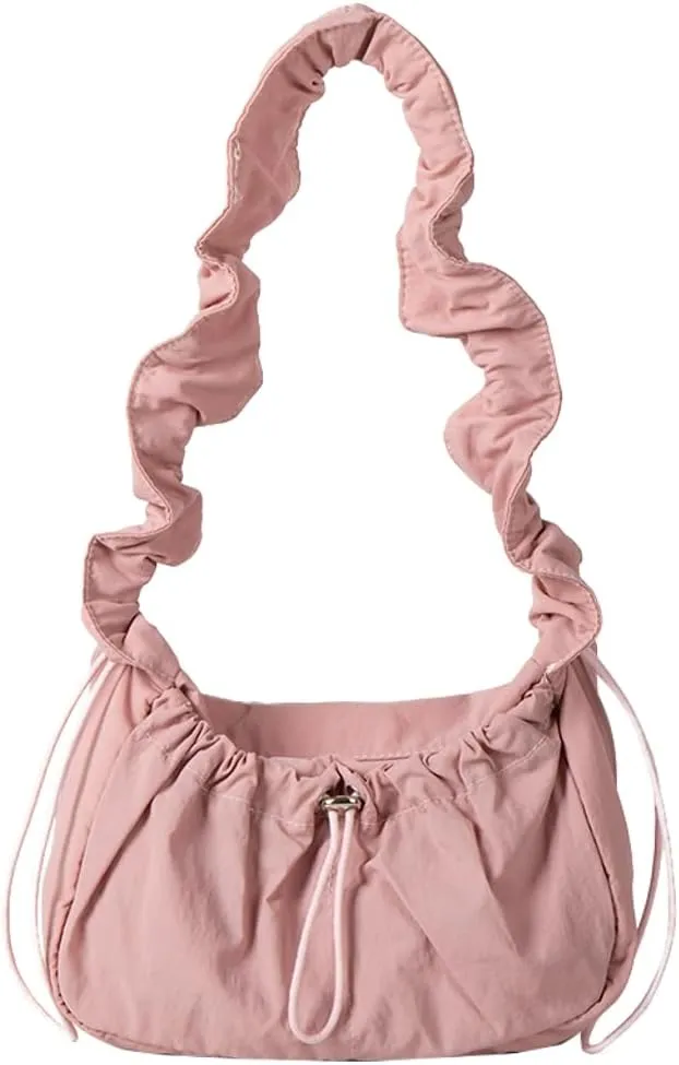 Pleated Hobo Bag for Women Retro Fairy Mini Shoulder Bags with Zipper Soft Nylon Underarm Purse Drawstring Pocket