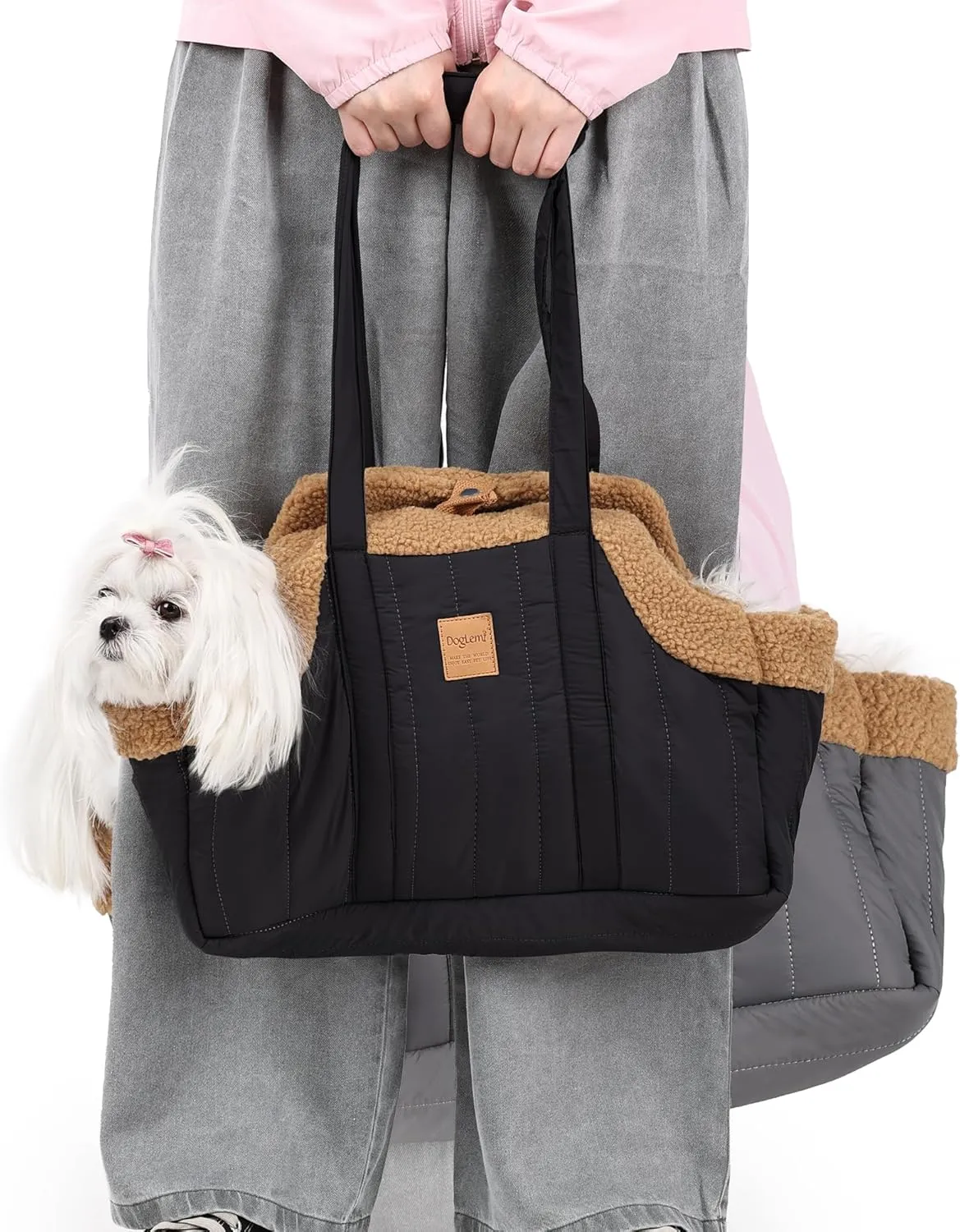 Portable Large Capacity Cat Bag, Fleece Pet Dog Tote Carrier Purses,Waterproof Warm Travel Hands-Free Shoulder Handbag Fixed Hook for Small Dog Cat Outdoor (Black)