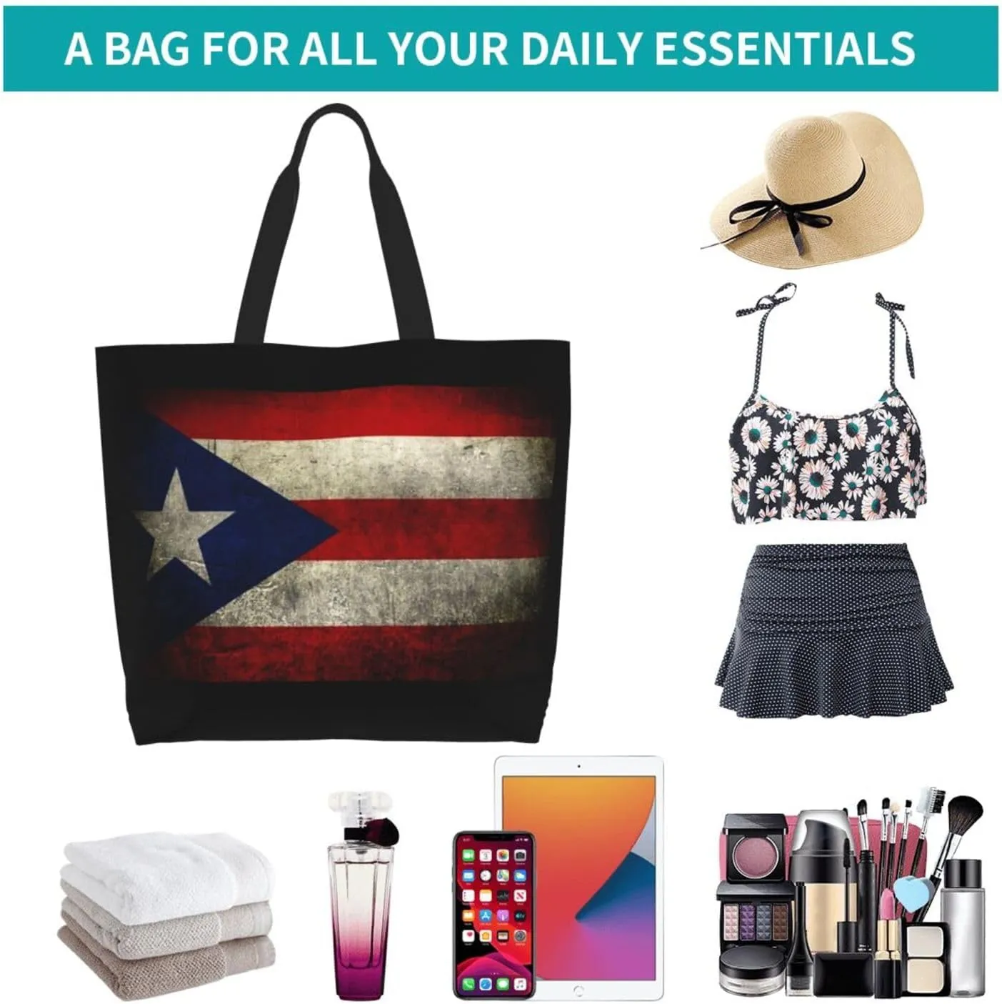 Puerto Rico Canvas Tote Bag Puerto Rico Flag Shoulder Bag Puerto Rican Casual Grocery Bags Outdoor