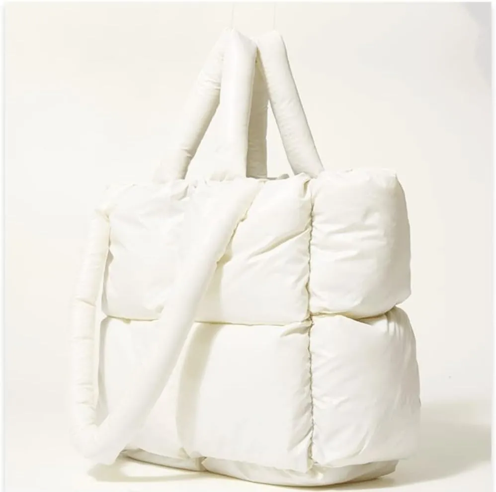 Puffer Tote Bag, Trendy Luxury Chic Quilted Large Padded Designer Handbags for Women Cotton Winter Soft Shoulder Bag