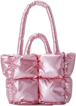 Puffer Tote Bag, Trendy Luxury Chic Quilted Large Padded Designer Handbags for Women Cotton Winter Soft Shoulder Bag