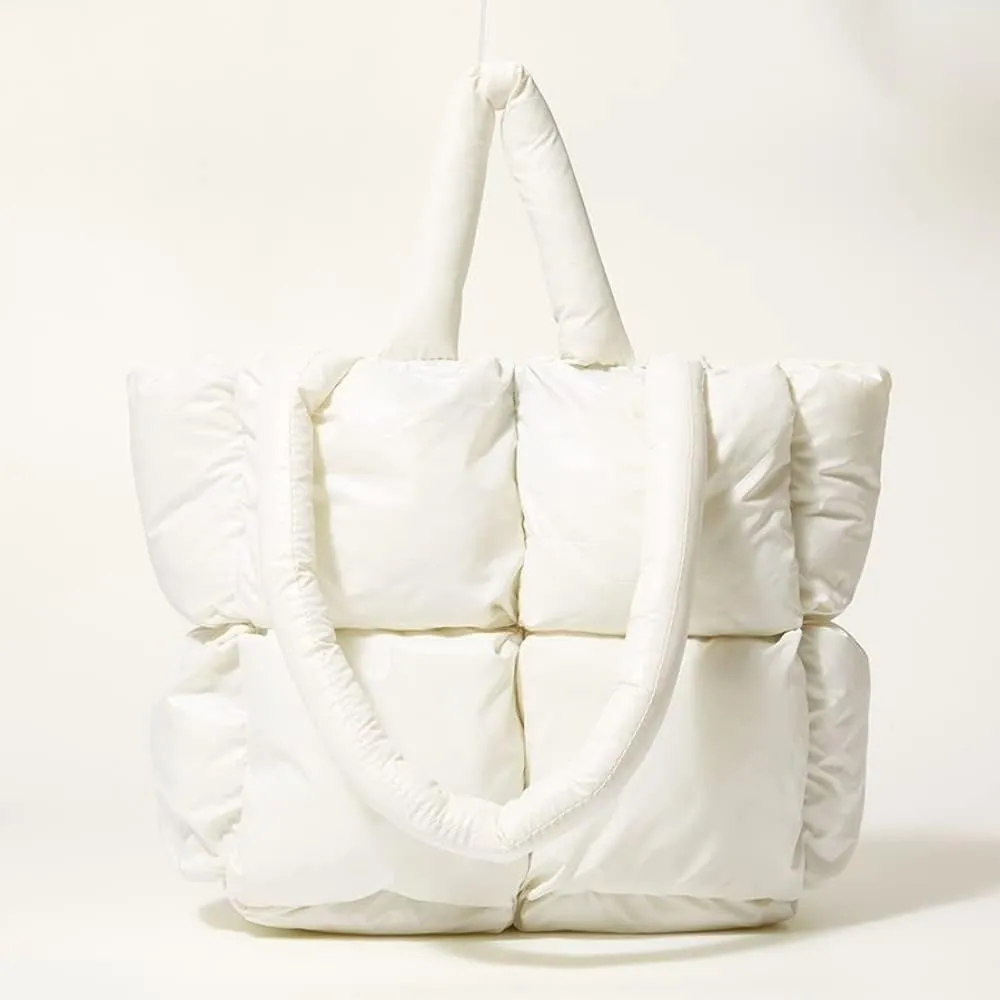 Puffer Tote Bag, Trendy Luxury Chic Quilted Large Padded Designer Handbags for Women Cotton Winter Soft Shoulder Bag