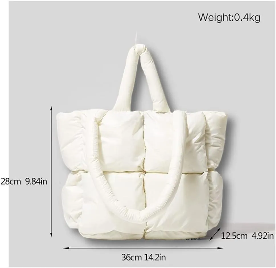 Puffer Tote Bag, Trendy Luxury Chic Quilted Large Padded Designer Handbags for Women Cotton Winter Soft Shoulder Bag