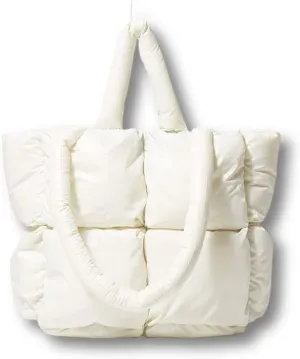 Puffer Tote Bag, Trendy Luxury Chic Quilted Large Padded Designer Handbags for Women Cotton Winter Soft Shoulder Bag