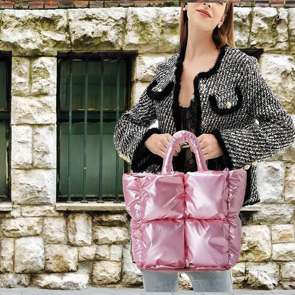 Puffer Tote Bag, Trendy Luxury Chic Quilted Large Padded Designer Handbags for Women Cotton Winter Soft Shoulder Bag