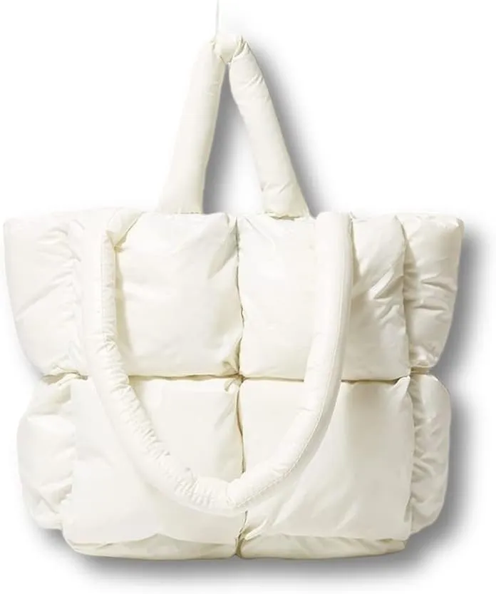 Puffer Tote Bag, Trendy Luxury Chic Quilted Large Padded Designer Handbags for Women Cotton Winter Soft Shoulder Bag