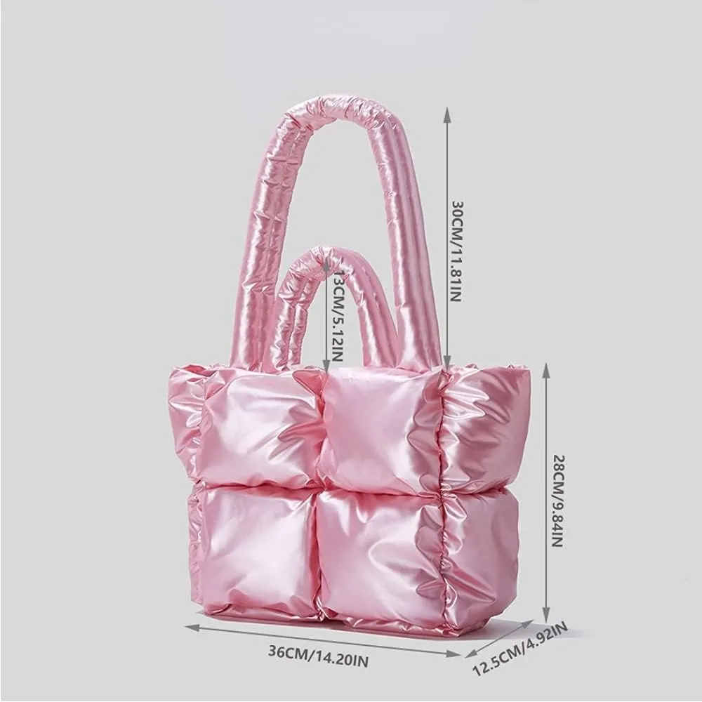 Puffer Tote Bag, Trendy Luxury Chic Quilted Large Padded Designer Handbags for Women Cotton Winter Soft Shoulder Bag