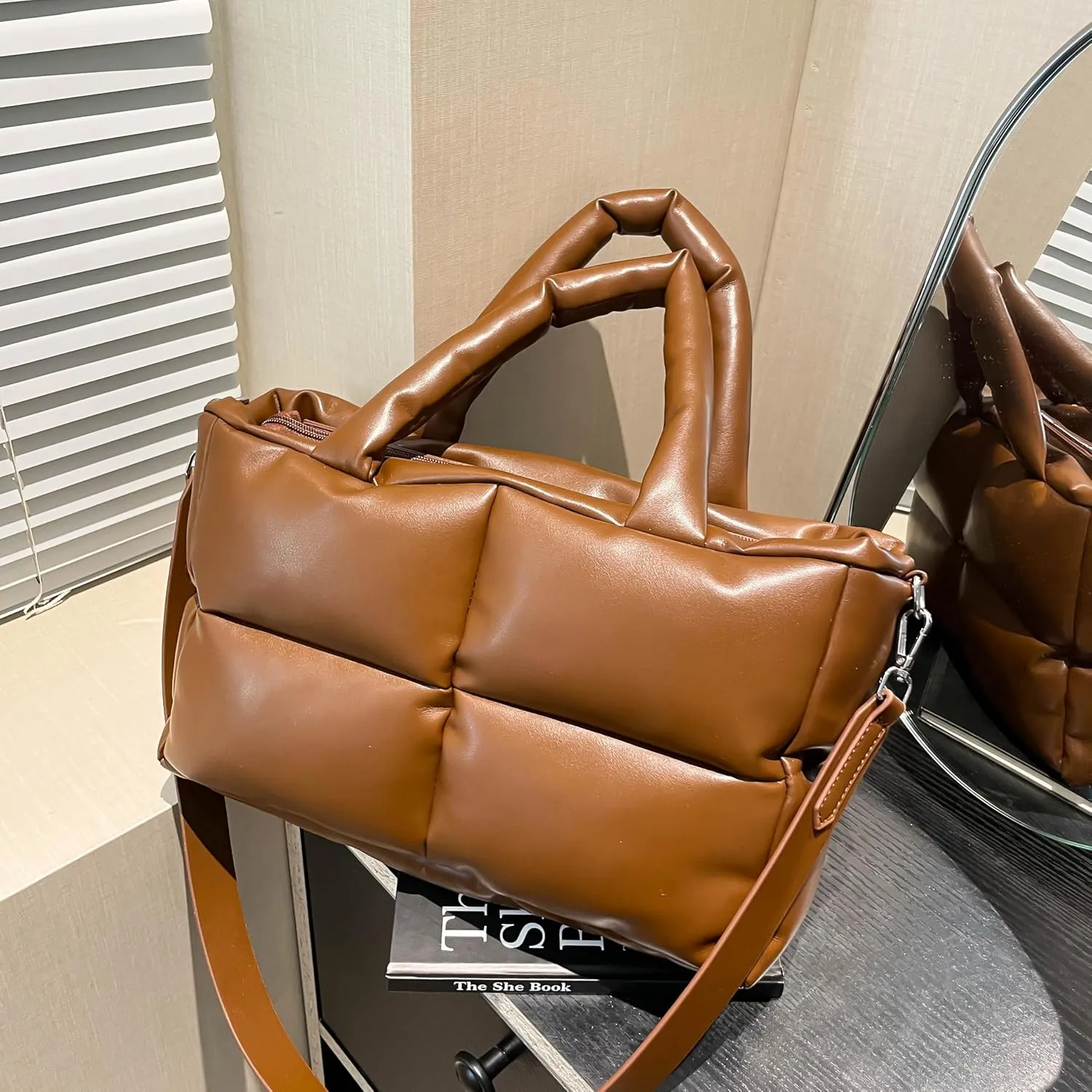 Puffy Handbags Tote Quilted Shoulder Crossbody Bag for Women Soft Vegan Leather Padded Purse