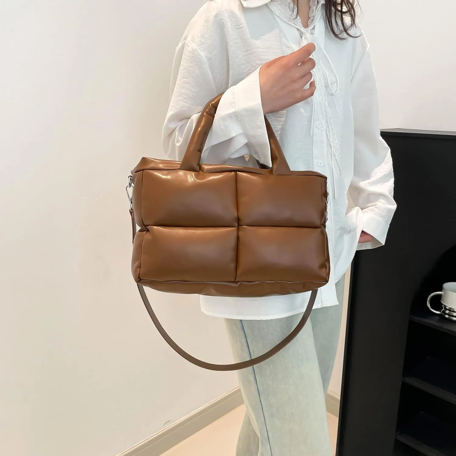 Puffy Handbags Tote Quilted Shoulder Crossbody Bag for Women Soft Vegan Leather Padded Purse