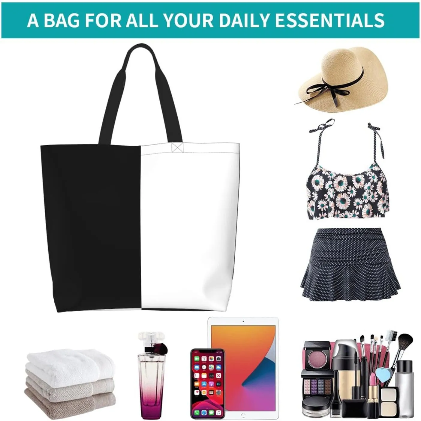 Pure Split Black and White Tote Bags Casual Reusable Grocery Shoulder Handbags for Women Men Travel Shopping Bag